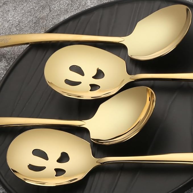 Serving Spoons Set 9.14 Inch Slotted Spoon Serving Spoon Stainless Steel Serving Utensils for Buffet Parties Catering Dishwasher Safe(Set of 12, Gold)