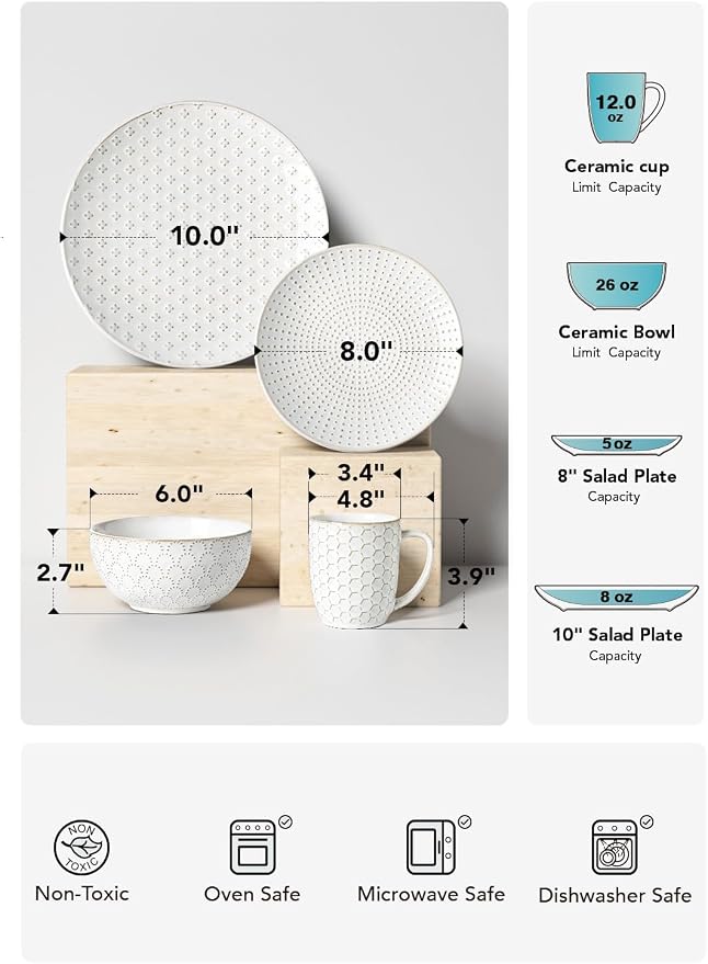 LE TAUCI Ceramic Dishes Set for 4, 16 Piece Kitchen Dinnerware Set with Mugs, Embossed Plates and Bowls Sets, Microwave & Dishwasher Safe, Arctic White (8"&10" Plate, 26oz Bowl, 12oz Mug)