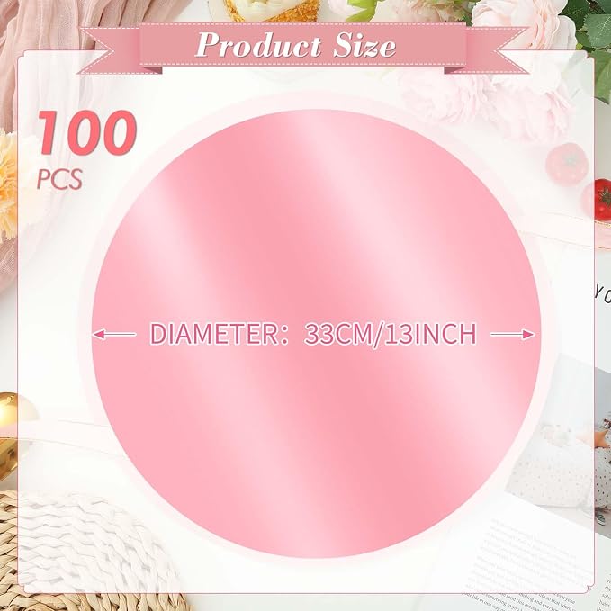 100PCS 13in Round Pink Placemats, Disposable Paper Chargers Plate | Mirrored Pink Paper Placemats for Dining Table, for Wedding Birthday Party Bridal Baby Shower Kitchen Banquet Table Setting