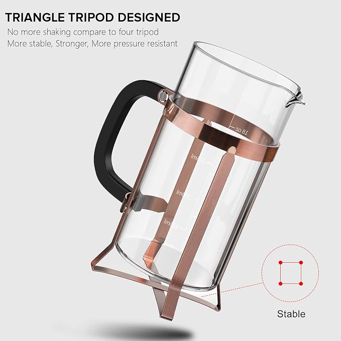 QUQIYSO French Press Coffee Maker 21oz,Borosilicate Glass Coffee Press | Thickened Glass Stainless Steel Coffee French Press,Easy to Clean,4 Filter Suitable for Kitchen Party Camping Gifts (Copper)