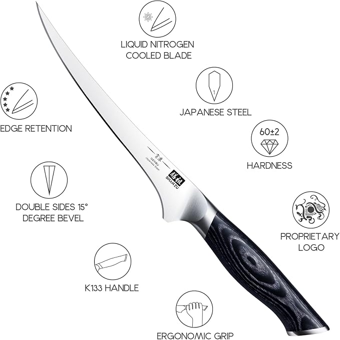 SHAN ZU 7 Inch Fillet Knife, Japanese Super Steel Boning Knife | Professional Ultra Sharp Fish knife with K133 Ergonomic Handle, Black Tortoise Genbu Series