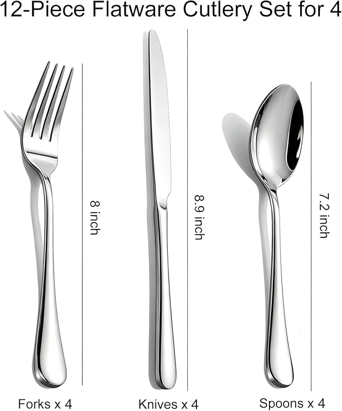 12-Piece Silverware Set for 4 - Stainless Steel Flatware Cutlery Set Service for 4, Mirror Polished Flatware Set Include Forks Spoons Knives for Home, Wedding, Restaurant, Dishwasher Safe