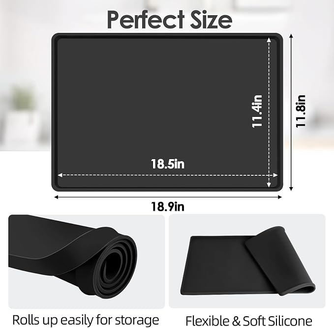 Silicone Coffee Maker Mat with Lip for Countertops, 18.9'' x 11.8'', Black | Multi leak-proof coffee tray for countertop, non-slip silicone mat fits most coffee makers & espresso machines, wipe-clean