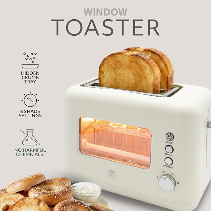 WILLOW Eco Series 2 Slice Toaster with Clear-View Window, 6 Shade Settings, 900W Retro Toaster with Extra Wide Slots, Bagel, Cancel, & Defrost Buttons, Toasters 2 Slice w Crumb Tray for Easy Cleanups