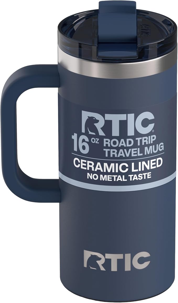 RTIC 16oz Road Trip Travel Mug with Lid and Handle, Ceramic Lined, Navy | Stainless Steel Metal, Insulated Travel Cup for Hot and Cold Drinks, Coffee, Car, Camping and Travel