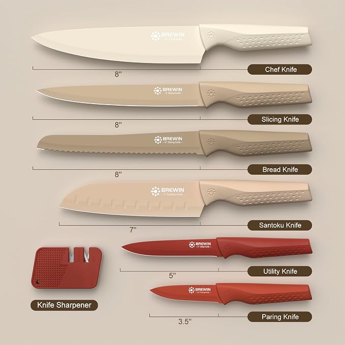 Brewin Knife set, 13 Pieces Kitchen Knives Set with Sharpener, Anti-Rust Coating and Blade Guard, Home Essentials, Camping Essentials - Muliticolor