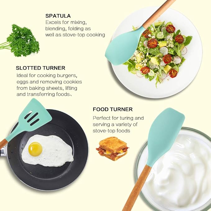 MIBOTE Silicone Cooking Kitchen Utensils Set, Wooden Handle, Teal | BPA-Free, Non-Toxic Silicone Turner, Tongs, Spatula, Spoon Set – Great for Nonstick Cookware, Heat-Resistant, Easy Clean