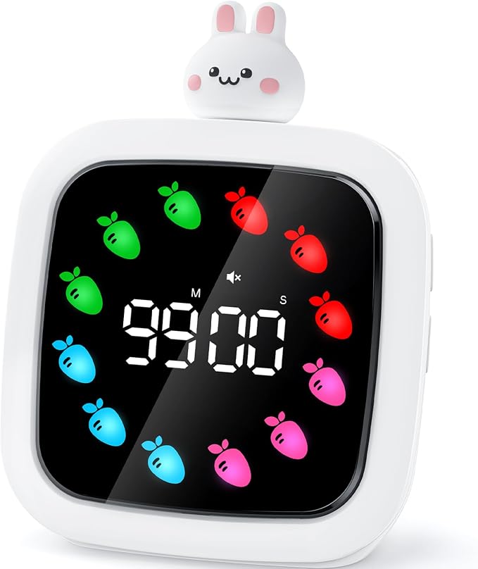 Digital Visual Timer for Kids, 99-Minute Countdown, Rechargeable | 19 Music Alarm, Pause Function, 9 Optional DIY Color Carrot Display, Rabbit Doll, for Study, Homeschool, Kitchen