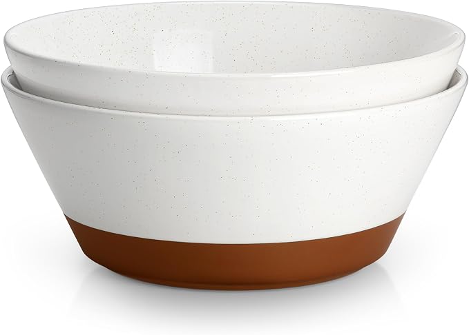 MALACASA Serving Bowls, 105oz Large Salad Bowls for Party, Entertaining | Big Ceramic Bowls for Soup, Fruit and Pho, 2-Pc Wide Bowl Set, Microwave & Dishwasher Safe, White & Brown, Series TARA