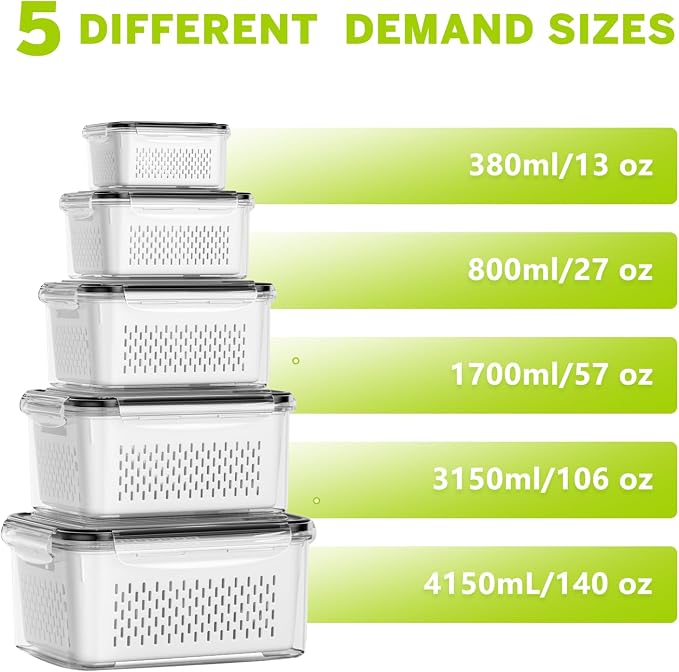 5 Pack Fruit Storage Containers for Fridge, Plastic Fruit Containers Set | with Removable Colanders, Leakproof Fridge Organizers and Storage for Berry Vegetables Salad Lettuce Meat, Dishwasher Safe
