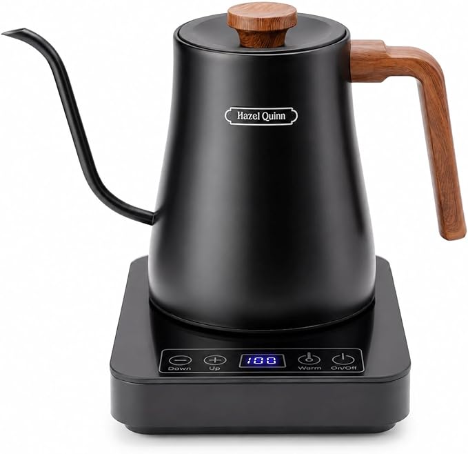 Hazel Quinn Gooseneck Electric Kettle 0.8 L, Temp Control, Keep Warm, Black | 304 stainless steel, 0.8L, 1000W fast boil, precise temp control, 4-hour keep warm; ideal for coffee, tea and home baristas