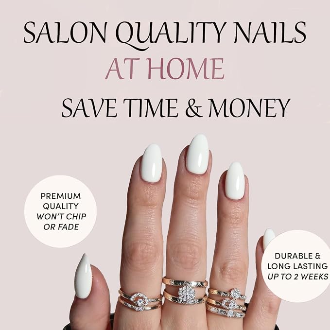 White Press On Nails Almond -Short Press On Nails with Nail Glue | Short Almond Fake Nails,Hand-Applied UV Finish, Salon Quality Nails in 12 Sizes - 24 Nail Kit with Glue