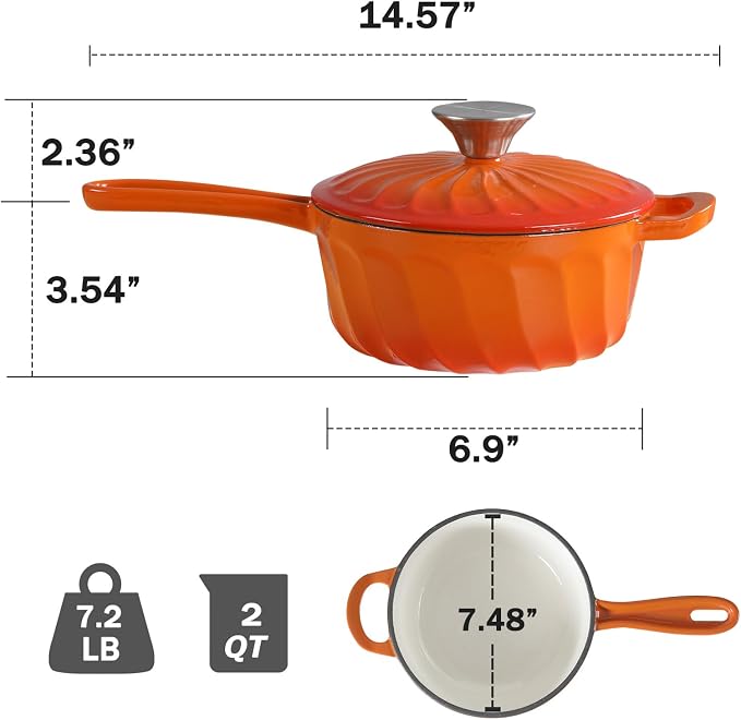 Enameled Cast Iron Sauce Pan with Lid, 2 Quart Saucepan with Lid | Dutch Oven with Lid, Small Cast Iron Pot for Cooking Pasta, Soup, Milk, Induction & Oven Safe Up to 500°F, Orange