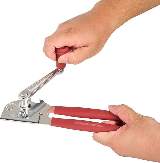 Restaurantware Stainless Steel Magnetic Manual Can Opener - German Standard Red Crank Can Opener with Magnet, Ergonomic Handles, Non-Slip - Heavy-Duty Hand Can Opener, Easy Turn, Sharp Blade