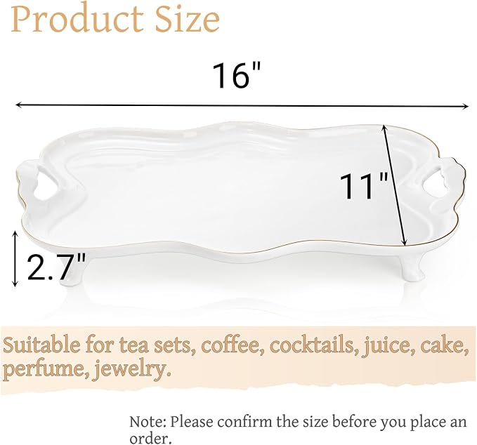 Tlence 16" Large Ceramic Serving Tray with Handles, Footed Rectangular Coffee Table Tray with Gold Rim, Vintage Decorative Platter for Tea, Perfume and Ottoman, Living Room Decor