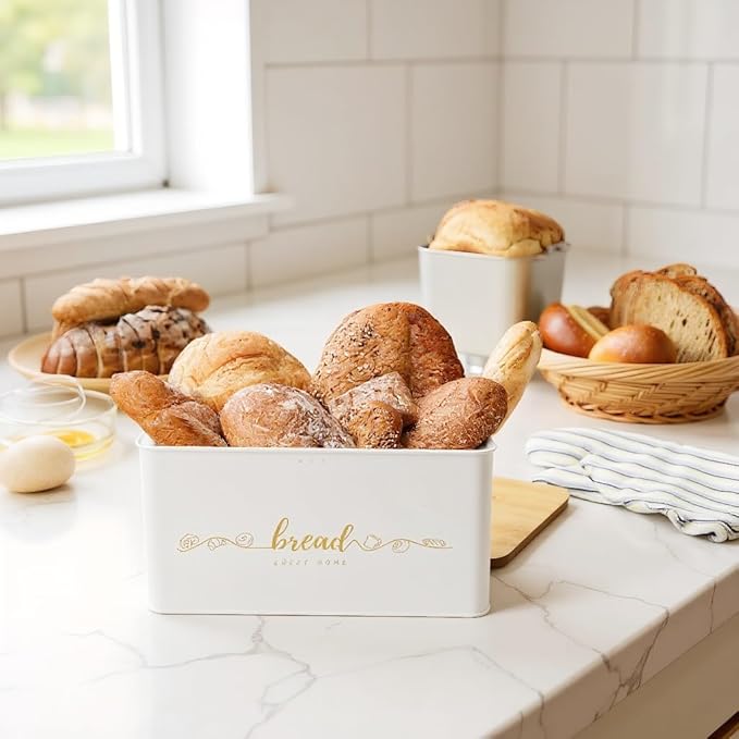 Bread Box with Bamboo Cutting Board Lid, Metal Bread Box for Kitchen Counter, Small Bread Storage Container, Cream Bread bin for Kitchen Countertop