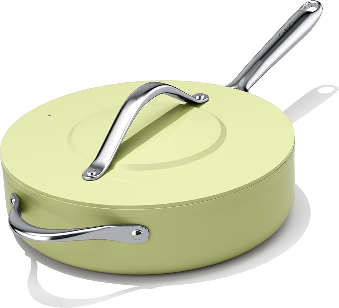 CookinCraze Premium Ceramic Sauté Pan with Lid, 4.5 QT Nonstick Deep Pan | for Healthy Cooking, PFAS & PTFE Free, Induction Compatible, Oven Safe up to 500°F, Stay-Cool Handle, Olive Green
