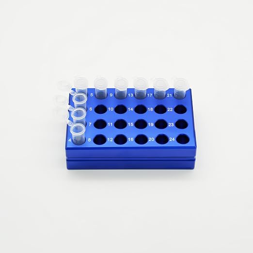 1 Pcs Aluminum Cooler Cooling Block PCR Test Tube Rack 24 Wells for 1.5/2mL | 10.5mm Hole Diameter for PCR/Microcentrifuge Tubes; Enzymes, RNA, Reagents, and Temp-sensitive Samples in Cold Prep (Blue)