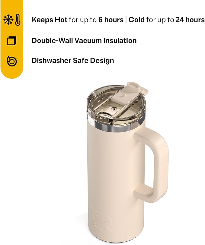 RTIC 20oz Road Trip Travel Mug with Lid and Handle, Ceramic Lined, Beach | Stainless Steel Metal, Insulated Travel Cup for Hot and Cold Drinks, Coffee, Car, Camping and Travel