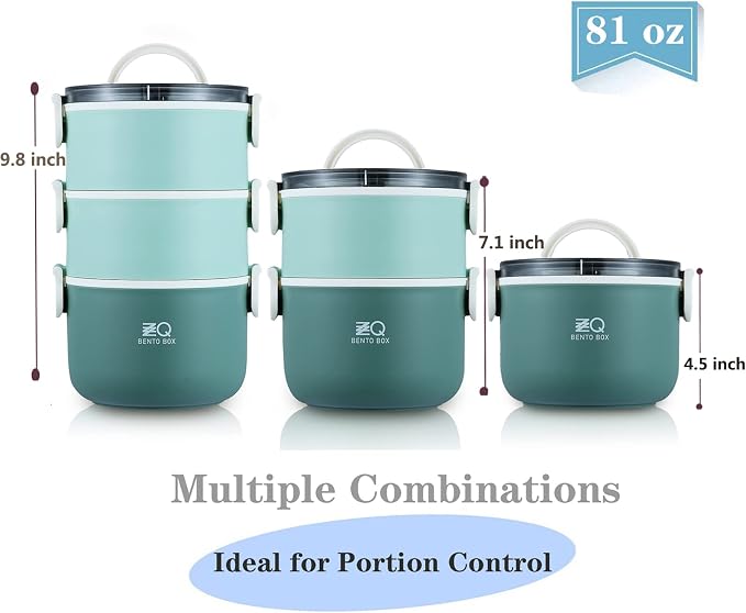 3-Tier Stackable Lunch Box Adult Bento Box Set with Thermo Bag, Utensils | 81oz Large Capacity Lunch Containers, BPA-Free, Leak-Proof, Microwave & Dishwasher Safe Bento Box for Work, School, Green