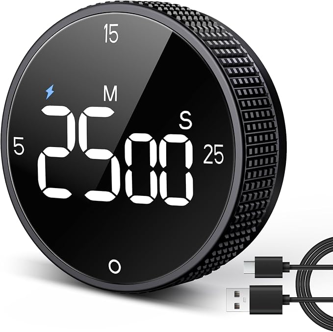 USB Rechargeable Magnetic Kitchen Timer for Cooking, Building 800mAh Battery Large Display Digital Countdown Countup Timer, 3 Preset 5/15/25 Mins Loud Alarm for Kitchen Classroom Grilling Studying