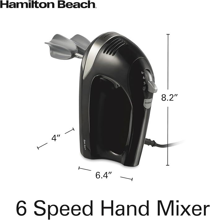 Hamilton Beach 6-Speed Electric Hand Mixer With Easy Clean Beaters | Traditional Beaters | Dough Hooks | Whisk | Snap-On Storage Case | 275 Watt Motor | Black | 62639J
