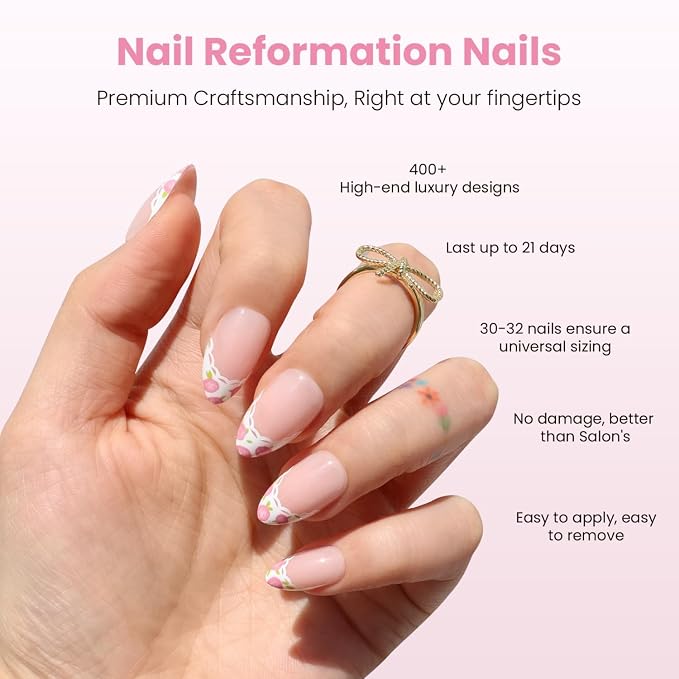 Nail Reformation Press On Nails, Fleur De Lace | Short Almond Fake Nails | with Lace French Tip & Rose Floral on Nude Base in Glossy Finish, Reusable Nails in 16 Sizes - 32 Nail Kit, Gifts for Women