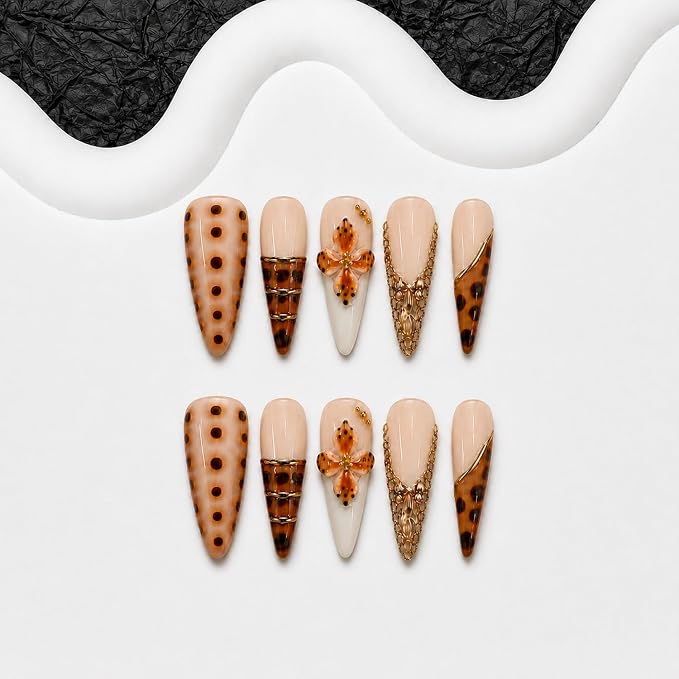 Long Stiletto Press on Nails Handmade Leopard Print Fake Nails with Luxury 3D Flower & Gold Rhinestone Design Full Cover Hand Made Thick Acrylic Stick on False Nails for Women 10Pcs (M)