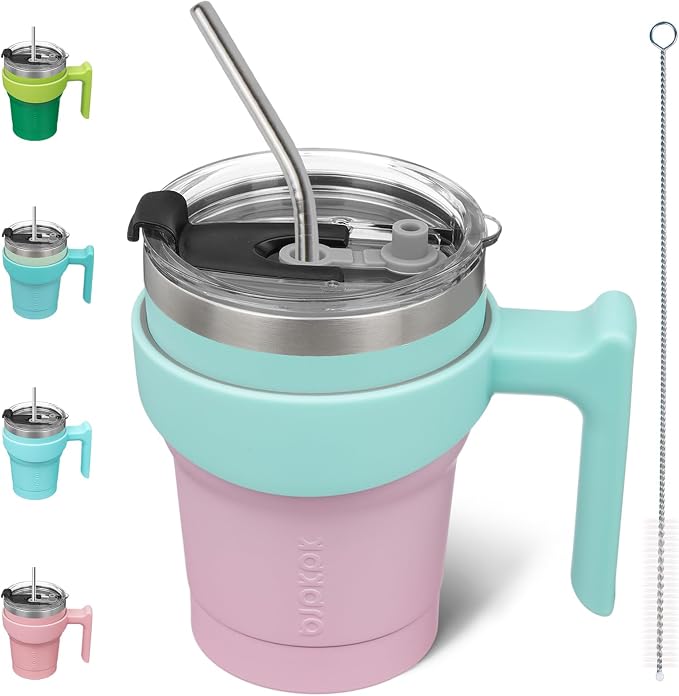 BJPKPK 10 oz Mini Tumbler with Lid, Straw & Handle, Insulated Steel Cup | Small, Spill Proof, Leak Proof, Thermal, Double Wall Vacuum, Sweatproof, Dishwasher Safe, BPA Free, Bubble Gum