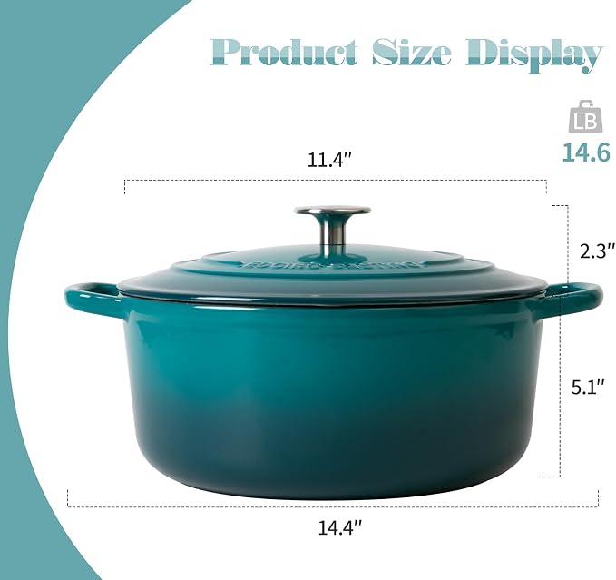 EDGING CASTING Enameled Cast Iron Dutch Oven Pot with Lid for Bread Baking, Cooking, Round Bread Oven Dual Handles, 7 Quart, Darkcyan