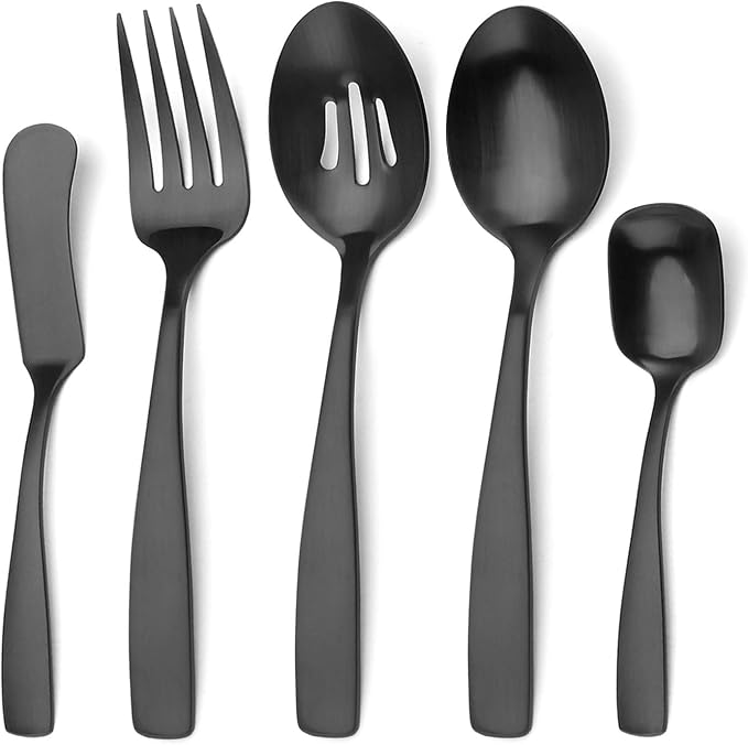 O.C.E. 5-Piece Matte Black Serving Flatware Silverware Set, Utensil Set of Stainless Steel, Satin Finish, Hostess Tableware Serving Set, Dishwasher Safe