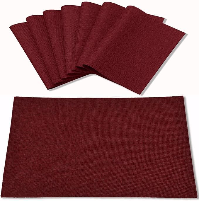 Cloth Placemats Set of 8, Linen Type Fabric Placemats Machine Washable Heat Resistant Placemats Wrinkle Free Thick Polyester Kitchen Place Mats for Dining Table (Burgundy)