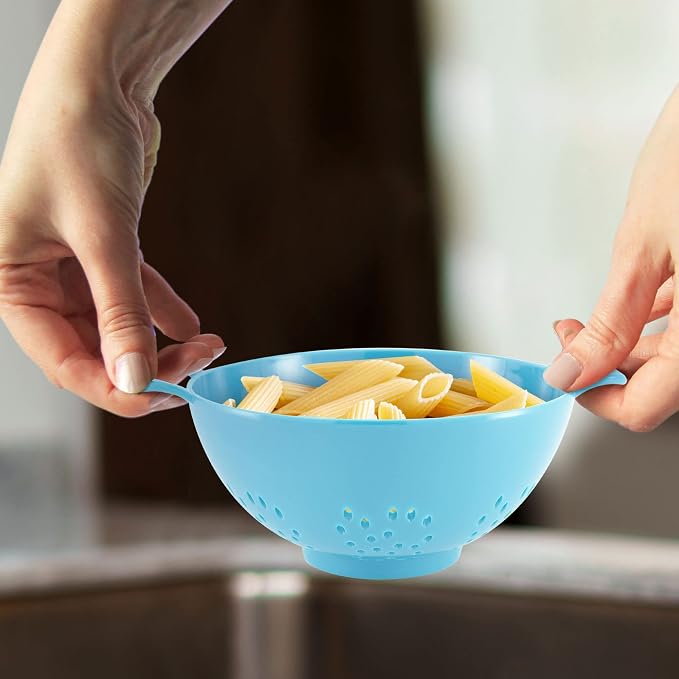 Meadow Lane 6-Inch Small Colander, 3-Cup Food Strainer, Light Blue | BPA-free, dishwasher-safe mini colander has a wide, shallow bowl, 1/8-inch holes, two handles, ring foot and smooth edges.