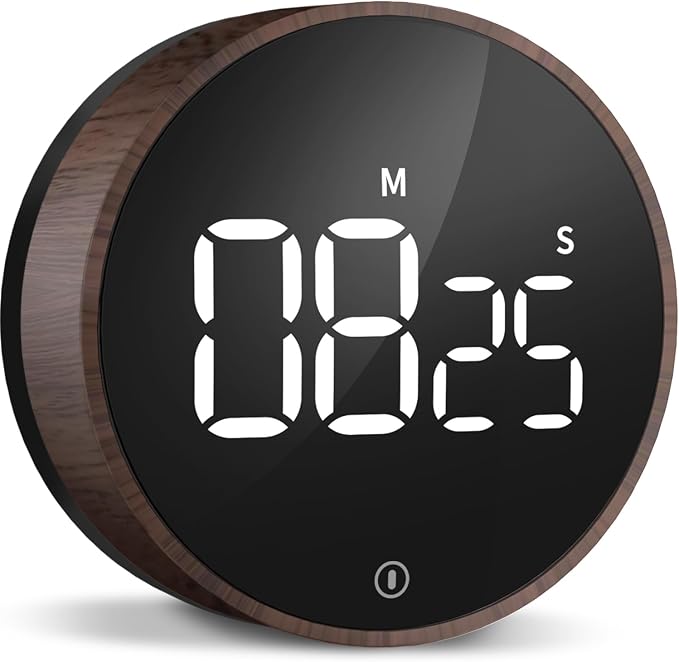 Digital Magnetic Kitchen Timer & Stopwatch with LED Display, Woodgrain | Up to 99:55 Countdown & Count Up , Easy Twist Control, Adjustable Volume & Brightness, Magnetic Back, Battery Powered