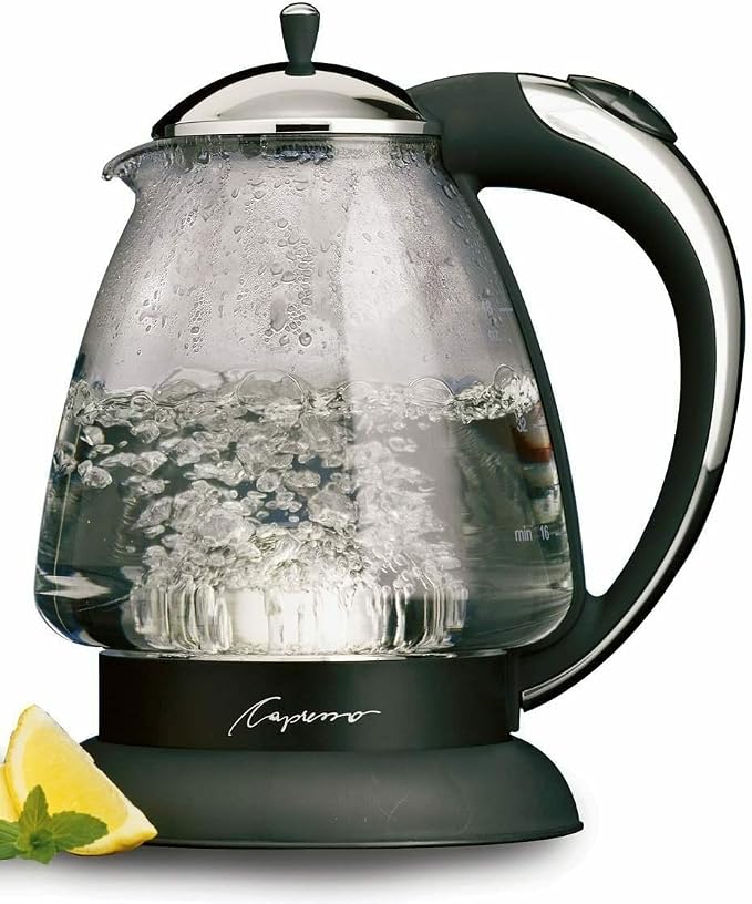 Capresso 259 Water Kettle, 10" x 8.25" x 6.25", Polished Chrome | Heat-resistant glass, ounce and cup markings, concealed element, automatic shutoff