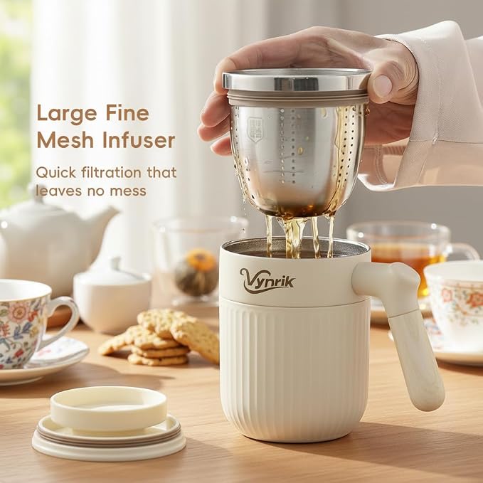 Tea Infuser Cup Doubles As Insulated Coffee Mug, Tea Cup With Lid And Handles, Removable Stainless Steel Tea Strainers For Loose Tea (White)