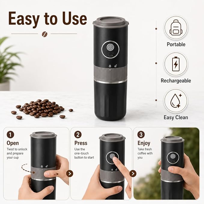 Portable Electric Coffee Grinder and Brewing Kit, Black | Rechargeable, Conical Burr Mini Grinder, 32g Capacity, Includes Filter & Coffee Cup