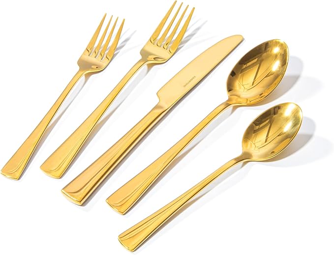 18/10 Flatware set for 8, 40 Piece Gold Stainless Steel Silverware Set | KINGSTONE Forged Flatware Cutlery Set, Mirror Polished Knives Fork and Spoon Utensils, Dishwaher Safe for Home Wedding Party