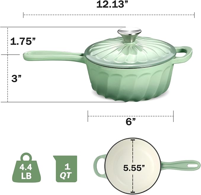 1 Quart Saucepan with Lid, Enameled Cast Iron Sauce Pan, Heavy Duty Small Pots for Cooking Pasta Sauce, Soup, Milk, Oven Safe up to 500°F (Fig Green)