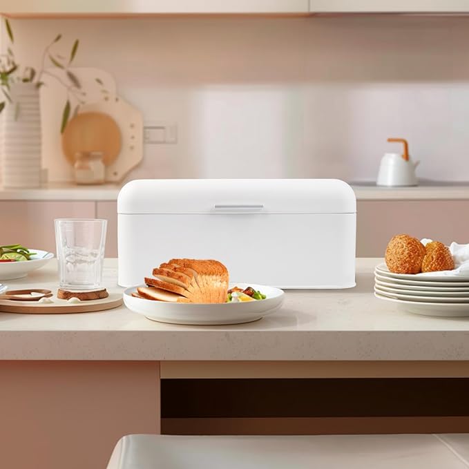 ENLOY Extra Large White Bread Box for Countertop, Stainless Steel Bread Storage Bin, Vintage Bread Box, Large Capacity Bread Keeper Holds Large Loaves