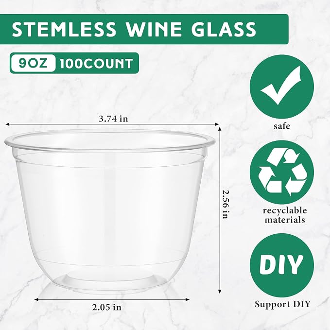 Ziliny 100 Pcs 9oz Plastic Stemless Wine Glasses Disposable, Clear | Plastic Wine Glasses for Parties Weddings Birthdays, Cocktail Drinking Cups, Round Bowl, Bulk Event Supplies