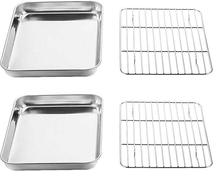 Wildone Baking Sheet with Rack Set [2 Sheets + 2 Racks], Stainless Steel Cookie Pan baking Tray with Cooling Rack, Size 10 x 8 x 1 Inch, Non Toxic & Heavy Duty & Easy Clean