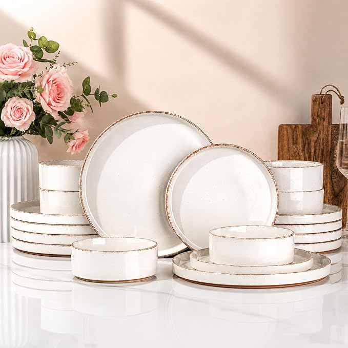 AmorArc Stoneware Dinnerware Sets for 6,18 Pcs Plates and Bowls Set | Handmade Ceramic Dish Set,Dishwasher & Microwave Safe,Scratch Resistant