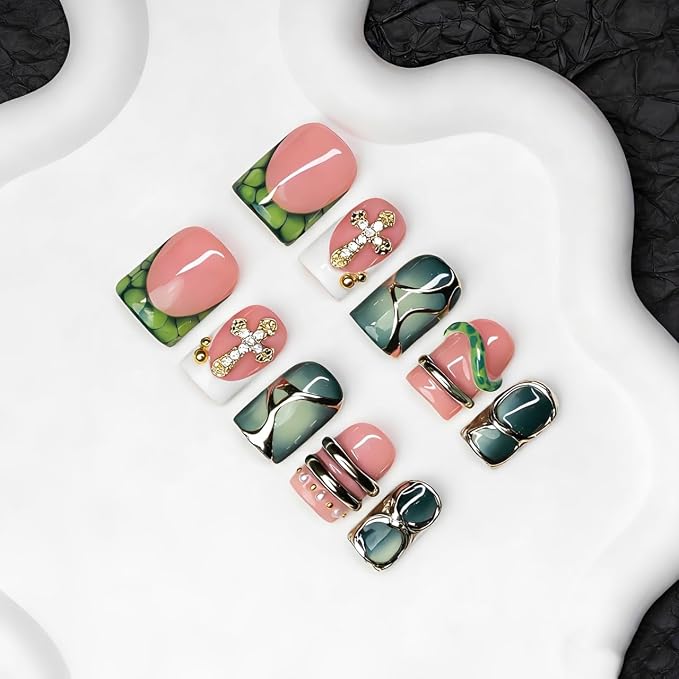Handmade Square Press on Nails Green French Tip Short Stick on Nail 3D Silver Embossed Designs Luxury Rhinestone Pearl False Nails Muti-Layer Gel Acrylic Nails for Women Manicuare 10 Pcs（L)