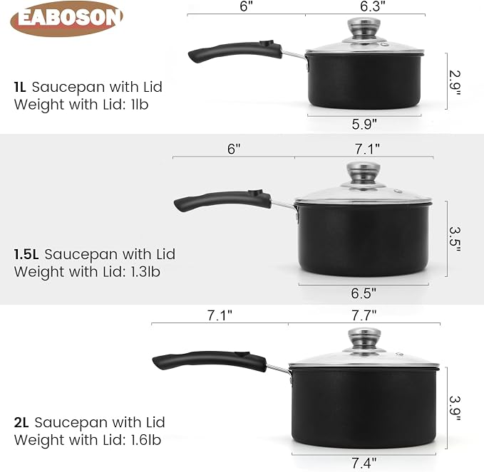Nonstick Saucepan with Lid, 1QT & 1.5QT & 2QT Small Milk Pots Set with Healthy Teflon2 Coating, Multipurpose Induction Compatible Cooking Pans Kitchen Cookware Set