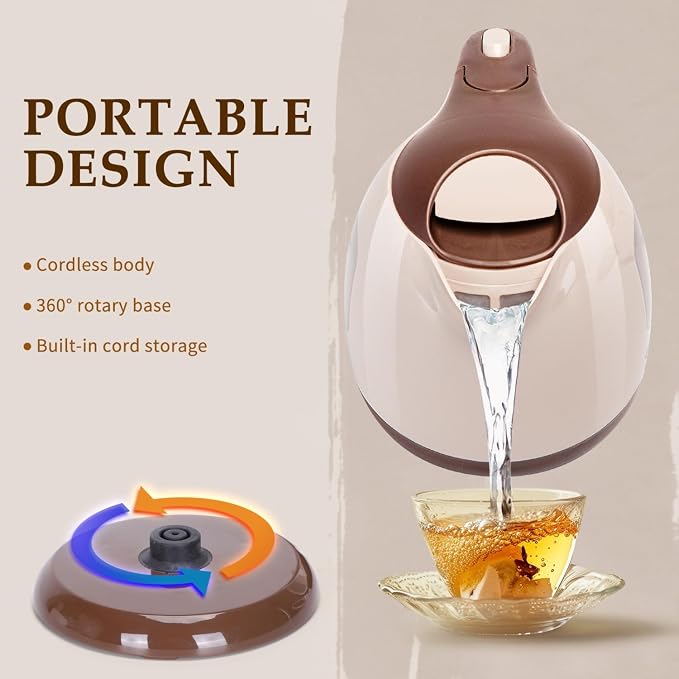 Aigostar Small Electric Kettle, 1L Portable, 1100W, Brown | Electric Tea Kettle, Automatic Shut-Off and Boil Dry Protection, Travel Hot Water Boiler Cordless, For Making Coffee and Tea