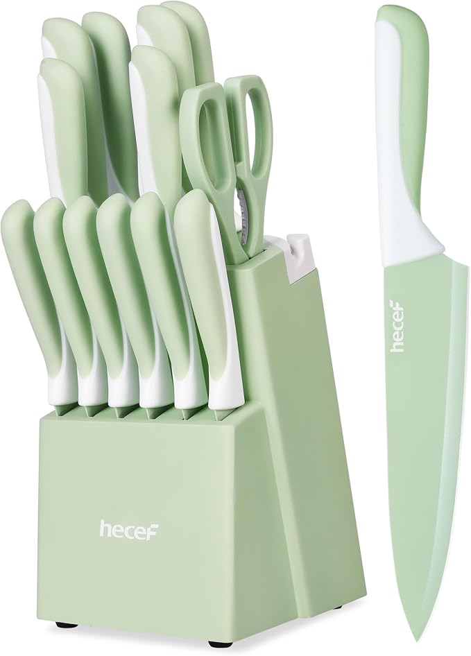hecef 15 Pieces Green Kitchen Knife Set, Built-in Sharpening Wooden Block | Dishwasher Safe, High Carbon Stainless Steel, Includes Steak Knives & Kitchen Scissors