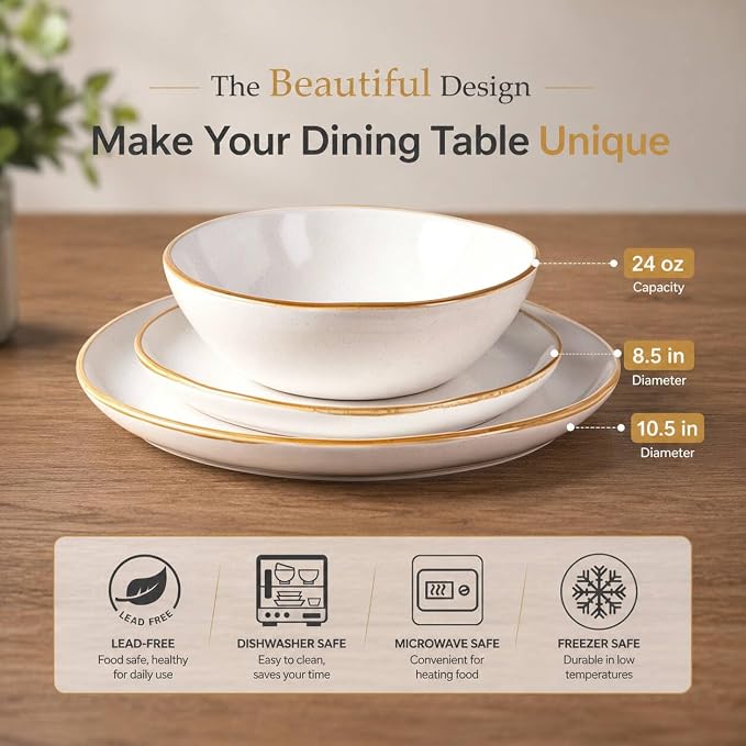 AmorArc Ceramic Dinnerware Sets for 4, 12Pcs Plates and Bowls Sets Dishes | Stoneware Handmade Reactive Glaze Dinner Set, Highly Scratch Resistant | Dishwasher & Microwave Safe Dishware