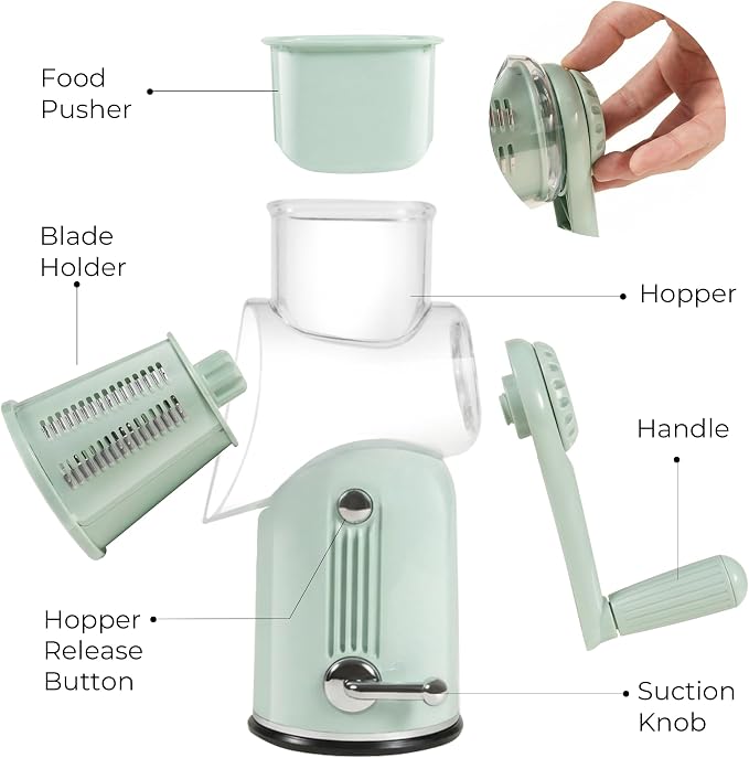 Rotary Cheese Grater Manual Hand Crank with 5 Blades & Suction Base, Kitchen Vegetable Shredder Slicer for Veggie, Nuts, Fruit, Green