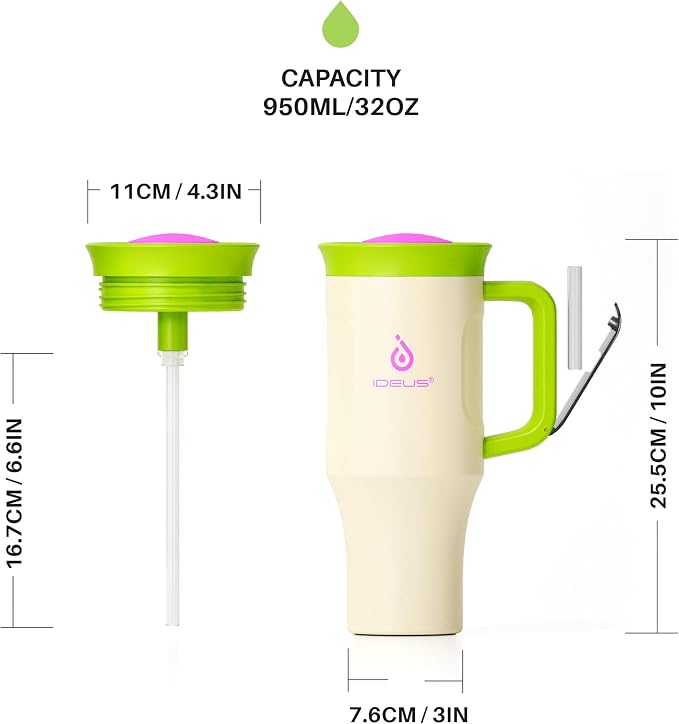 Ideus 32 oz Tumbler with Handle and Straw, Cream White | 100% Leak Proof, Double Wall Vacuum Insulated, Stainless Steel Travel Mug, Cup Holder Friendly